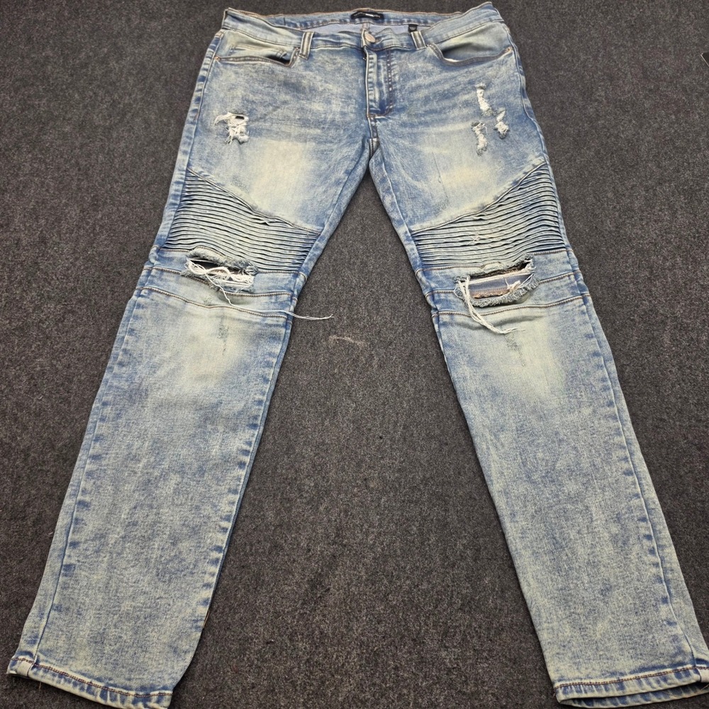 Fashion Nova Biker Jeans Mens 34 Blue Acid Wash Distressed Moto Slim Fit
